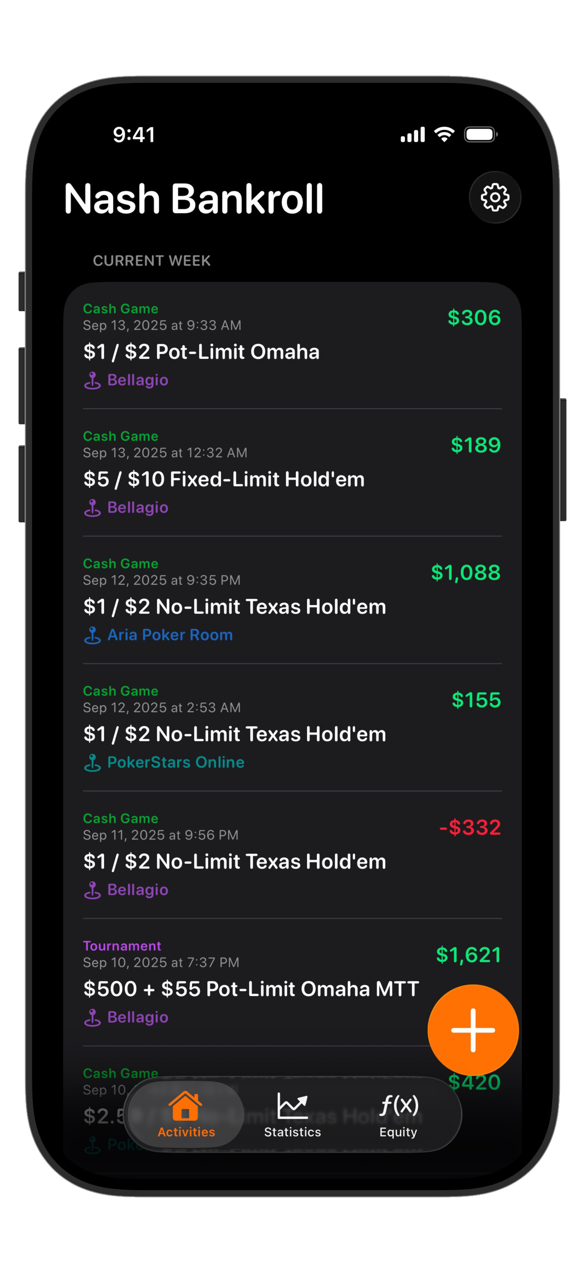 Nash bankroll feed listing poker sessions with green and red profit amounts
