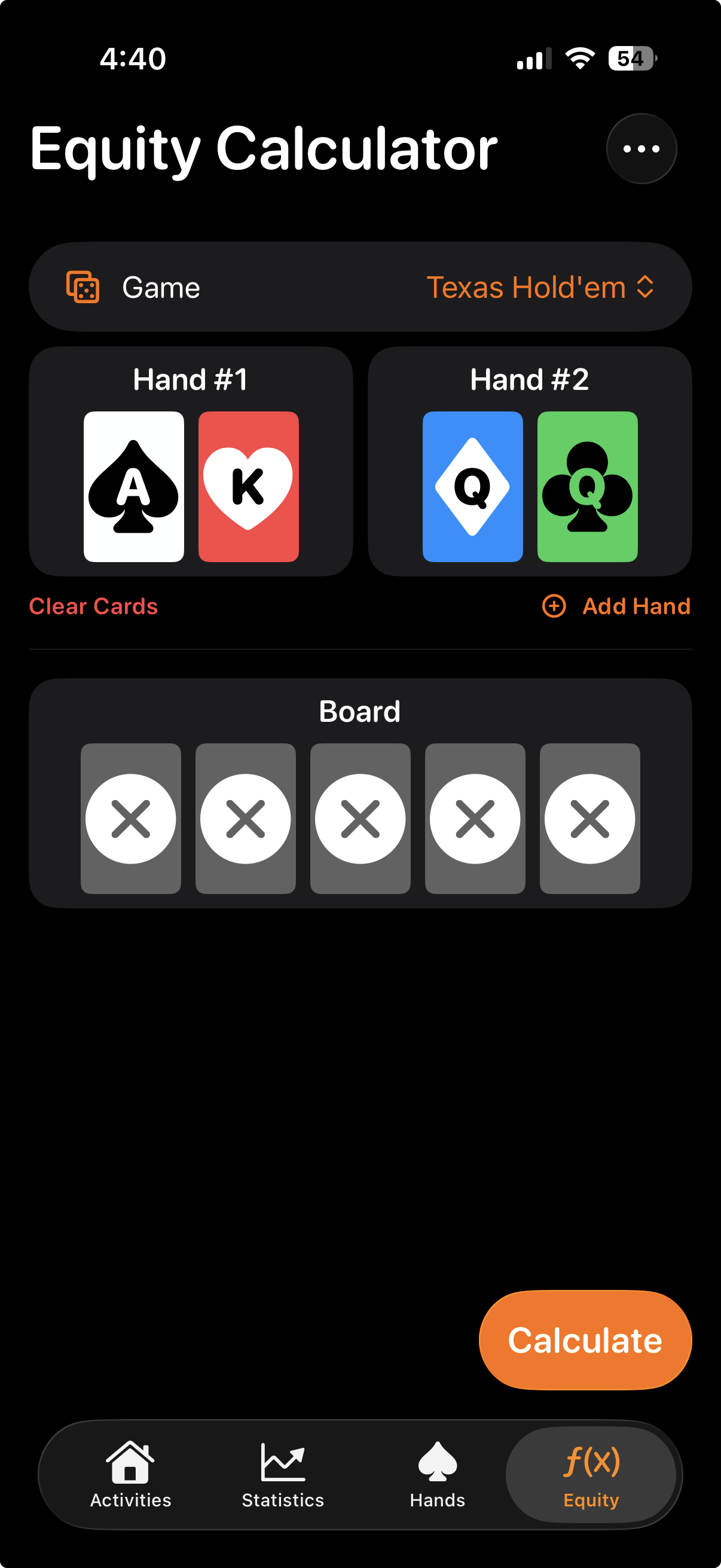 Nash equity calculator comparing two poker hands with a board selector