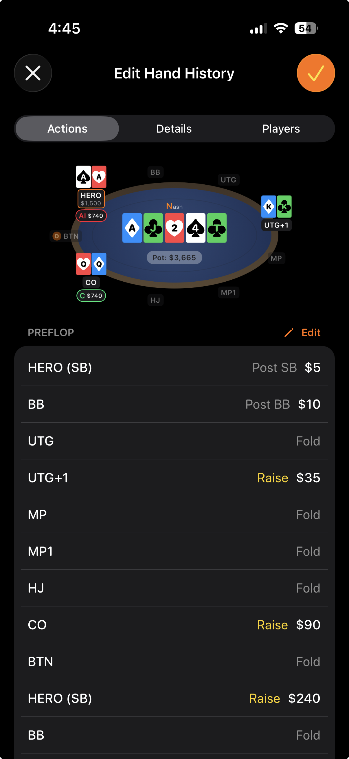 Nash hand history editor showing a poker table with hole cards, board, and a preflop action list